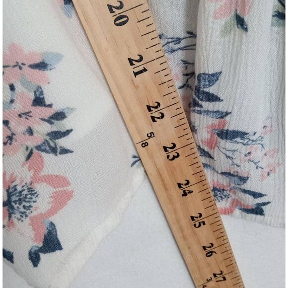 Hollister Top Blouse Womens Medium White Blue Pink Floral Bell Sleeves Drawstrin - Picture 10 of 10